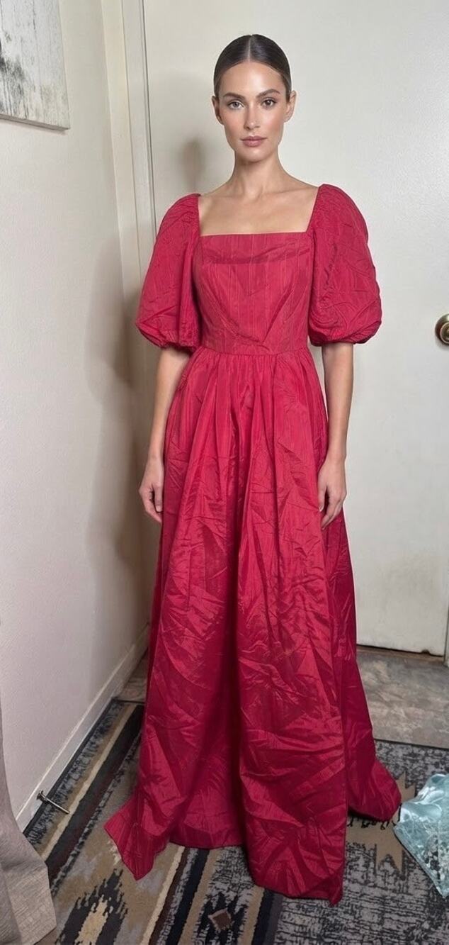 VTG 80s Romantic Red Taffeta Party Dress Puff Sleeve Square Neck Maxi Prom Gown